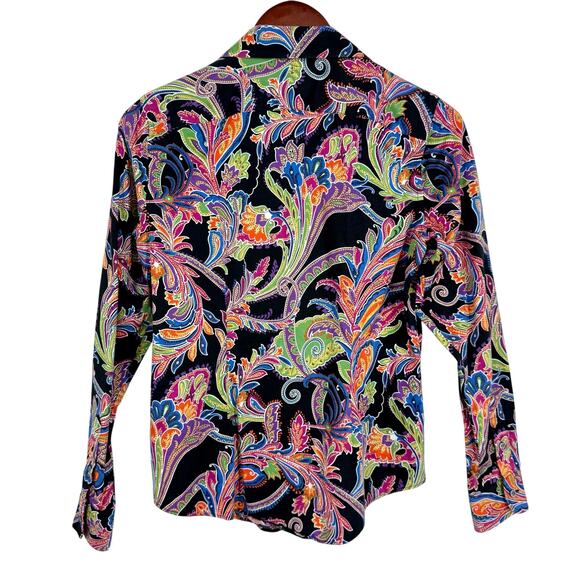 Ralph Lauren Womens Sz Small No Iron Vibrant Black Tropical Blouse Shirt Top - Picture 8 of 8